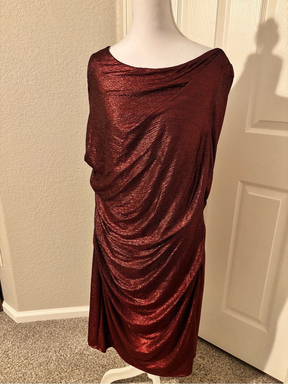 Women's Shimmery Ruby Red Draped Dress - size 16